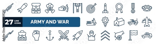 set of army and war web icons in outline style. thin line icons such as grenade launcher, gas mask, target, condecoration, strategy, fighter plane, rebellion, guerrilla vector.