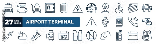 set of airport terminal web icons in outline style. thin line icons such as airport taxi, big safe box, pilot helmet, two credit cards, modern wirstwatch, helicopter flying, or up, forbbiden phone photo