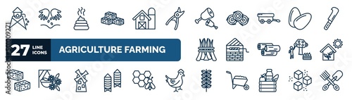 set of agriculture farming web icons in outline style. thin line icons such as water tower, straw bale, meat, egg, well, greenhouse, flour mill, oat vector.
