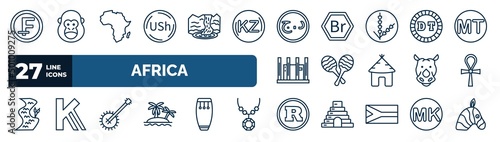 set of africa web icons in outline style. thin line icons such as central african franc, ugandan shilling, aerian dinar, tunisian dinar, maraca, ankh, banjo, south african rand vector.