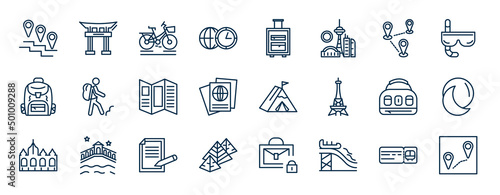 set of travel web icons in outline style. thin line icons such as road map, time zone, road map and pin, backpacker, jaima tent, basic moon, claim, waterpark vector.