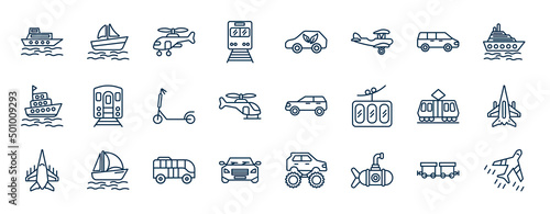 set of transportation web icons in outline style. thin line icons such as ferry boat, train front, people carrier, , suv, military airplane, modern bus, small submarine vector.