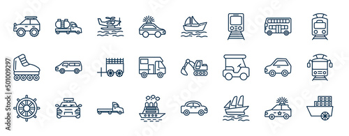 set of transportation web icons in outline style. thin line icons such as all terrain, patrol car, double decker bus, minivan, excavators, tram front view, flatbed lorry, schooner vector.