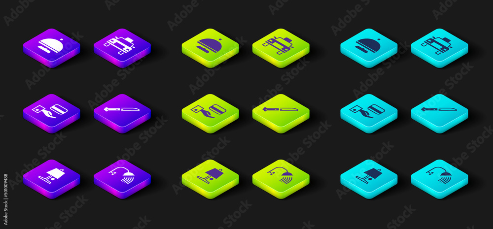 Set Table lamp, Shower head, Digital door lock, Knife, Taxi car and Covered with tray icon. Vector