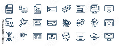 set of programming web icons in outline style. thin line icons such as software, code terminal, seo reputation, seo configuration, cyberspace, plugin, ux de, page vector.