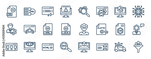 set of programming web icons in outline style. thin line icons such as css file format, program error, web optimization, seo tools, developer, seo consulting, html, command vector.