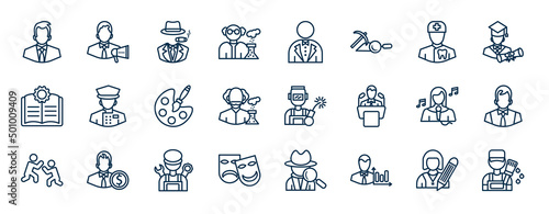 set of professions web icons in outline style. thin line icons such as businessman, chemist, orthodontist, concierge, welder, office worker, mechanic, statistician vector.