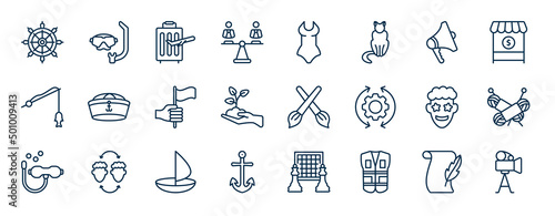 set of people skills web icons in outline style. thin line icons such as boat rudder, equality, announcer, navy hat, de, knitting, round sailboat, safety vesty vector.