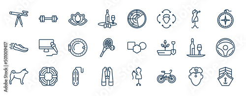 set of people skills web icons in outline style. thin line icons such as antique telescope, sommelier, stylist, tv correspondent, shapes, chauffer, rescue tube, cyclist vector.