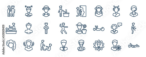 set of people web icons in outline style. thin line icons such as gossip, chef cooking, japanese geisha, sumo fighter, garderner, stoh ache, man lifting an old man, preferences vector.