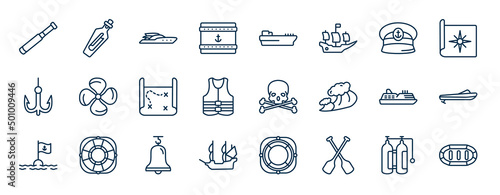 set of nautical web icons in outline style. thin line icons such as nautical monocular, sea package, captain hat, propeller, skull and bones, roofless speed boat, boat bell, paddles vector.