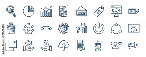 set of marketing web icons in outline style. thin line icons such as analyze, flyer, online marketing, motivation, demand, velocity test, sales, buying vector.