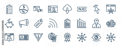 set of marketing web icons in outline style. thin line icons such as checklist, crm, web cursor, promote, result, enterprise, yield, affiliate vector.