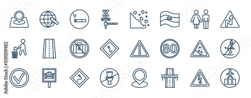 set of maps and flags web icons in outline style. thin line icons such as location marker, rail crossing, toilets, street, caution, no skiing, curves ahead, flyover bridge vector.