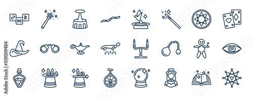 set of magic web icons in outline style. thin line icons such as runes, handkerchief, astral, handcuffs, candelabra, hypis, trick, magic assistant vector.