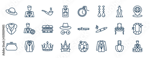 set of luxury web icons in outline style. thin line icons such as bowler hat, vip pass, luxury dress, rich people, old car, ruby, princess, vest suit vector.