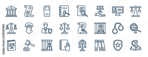set of law and justice web icons in outline style. thin line icons such as court, constitutional law, criminal database, , law paper, diploy, prisioner, practise areas vector.