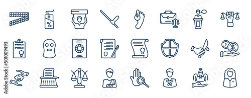 set of law and justice web icons in outline style. thin line icons such as police line, baton, witness, balaclava, scroll with law, bribery, business law, advocate vector.