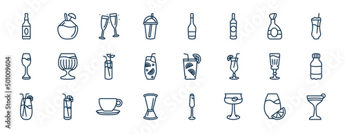 set of drinks web icons in outline style. thin line icons such as alcohol, coffee bean, cognac, brandy glass, caipirinha, mashing, espresso, martinez vector.