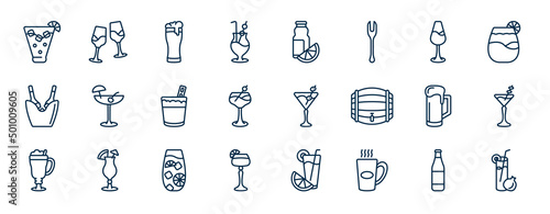 set of drinks web icons in outline style. thin line icons such as caipiroska, mai thai, wine toast, pink rose, 007 martini, manhattan drink, tom collins, boiling vector.