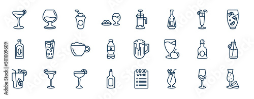 set of drinks web icons in outline style. thin line icons such as cosmopolitan, ham, sex on the beach, mint julep, pub, smoothie, daiquiri, tequila sunrise vector.