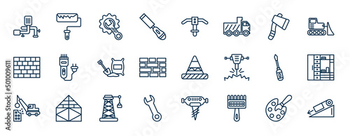 set of construction web icons in outline style. thin line icons such as adjustment system, chisel, inclined ax, clippers, road stopper, big clo, derrick with boxes, sand brush vector.