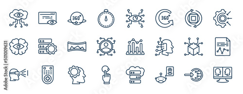 set of artificial intelligence web icons in outline style. thin line icons such as visualization, velocity, rotation, efficiency, value, demographic, teaching, geolocation vector.