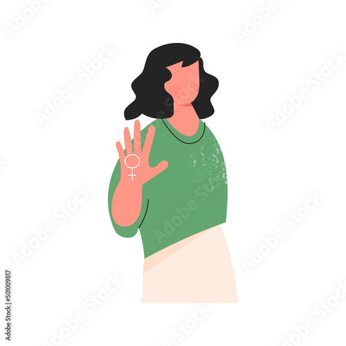 Woman right and power or protest against gender violence and harassment. Feminism concept. Strong girl show stop gesture. Female solidarity. Cartoon flat vector illustration isolated on white
