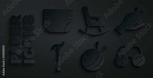 Set Yarn ball with knitting needles, Walking stick cane, Eyeglasses, Rocking chair and Adult diaper icon. Vector