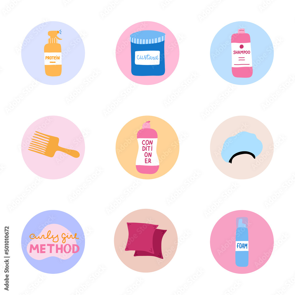 Cute highlights for different social media, bloggers and companies about cosmetic products for Curly Girl Method (curly hair routine). Vector hand drawn cliparts illustrations in bright palette. Cute highlights for different social media, bloggers and companies about cosmetic products for Curly Girl Method (curly hair routine). Vector hand drawn cliparts illustrations in bright palette.