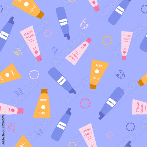 Cute and colorful vector seamless hand drawn pattern with cosmetic products for Curly Girl Method (curly hair routine). Can be used for, wrapping paper, bedclothes, notebook, packages, gift paper. © Ana Tivikova