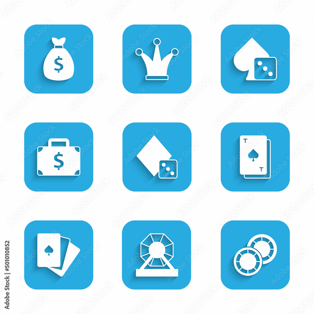 Set Game dice, Lottery machine, Casino chips, Playing card with spades, Deck of playing cards, Briefcase and money, and Money bag icon. Vector Set Game dice, Lottery machine, Casino chips, Playing card with spades, Deck of playing cards, Briefcase and money, and Money bag icon. Vector