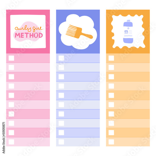 Cute scrapbook templates for planner (notes, to do, to buy and other) with colorful illustrations with cosmetic hair products. With printable, editable illustrations. For school, university schedule.