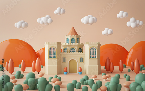 Castle with cloud and tree in fairy tail.3d rendering photo