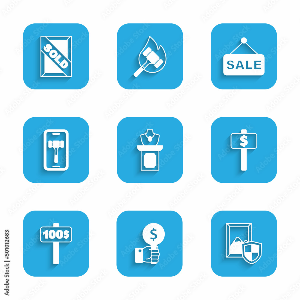 Set Auction jewelry sale, Hand holding auction paddle, painting, Online, Price tag with Sale and sold icon. Vector Set Auction jewelry sale, Hand holding auction paddle, painting, Online, Price tag with Sale and sold icon. Vector