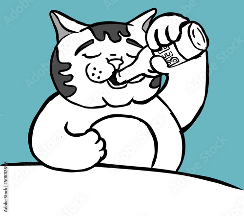 Cat drinks beer from a bottle. Black and white vector illustration