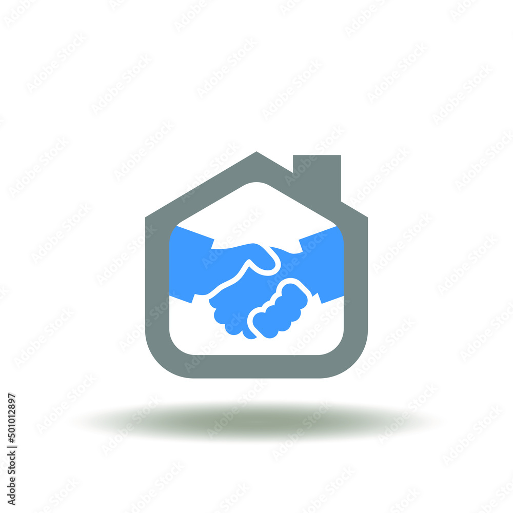 Vector illustration of house and handshake. Icon of coliving. Symbol of real estate deal. Sign of house sell. Vector illustration of house and handshake. Icon of coliving. Symbol of real estate deal. Sign of house sell.