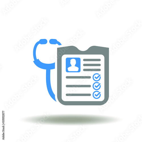 Vector illustration of checklist or patient history with stethoscope. Icon of patient treatment diagnosis information. Symbol of patient document.