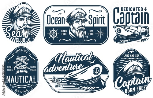Marine bollard and nautical prints with captain cap, seafarer, voyager or marine cruises, sea or ocean adventure