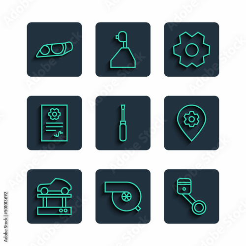 Set line Repair car on a lift, Automotive turbocharger, Engine piston, Gear, Screwdriver, service check automotive, Car headlight and Location with icon. Vector