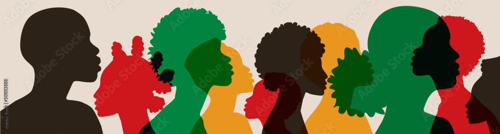 Silhouette face head in profile ethnic group of black African and African American men and women. Identity concept - racial equality and justice. Racism, discrimination. Juneteenth emancipation. - obrazy, fototapety, plakaty 