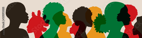 Silhouette face head in profile ethnic group of black African and African American men and women. Identity concept - racial equality and justice. Racism, discrimination. Juneteenth emancipation. photo