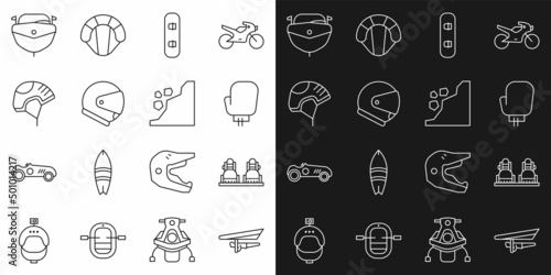 Set line Hang glider, Snowboard, Boxing glove, Helmet, Speedboat and Landslide icon. Vector