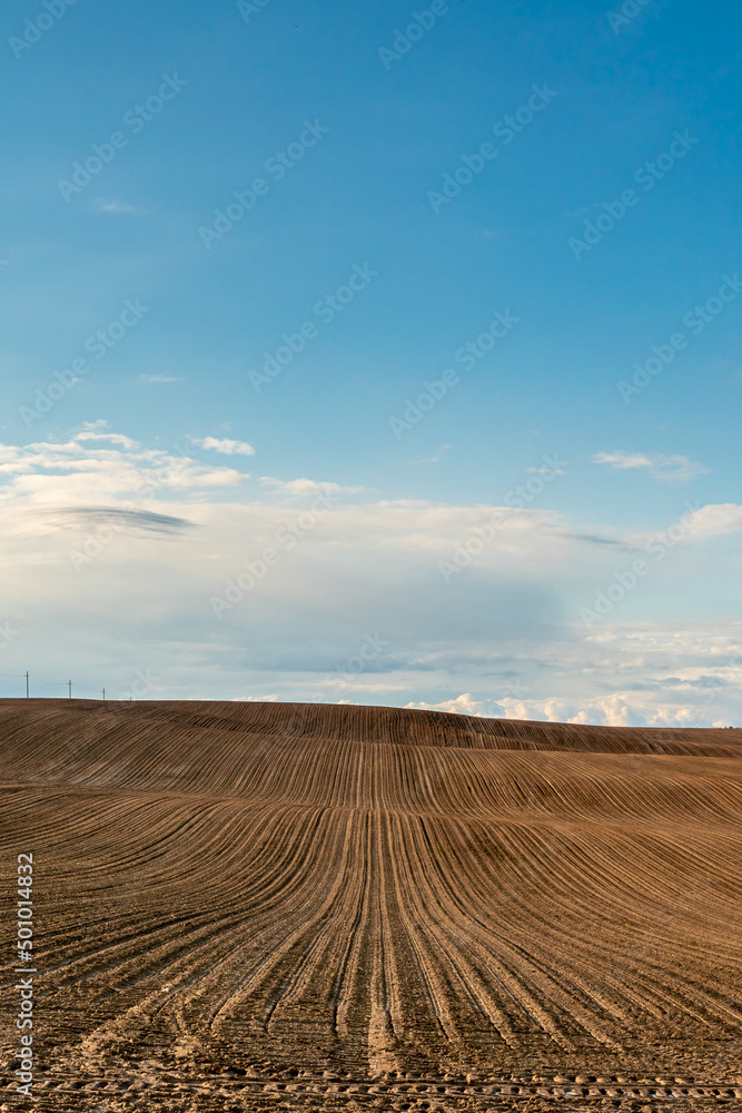 Obraz premium clouds on a sunny summer day over agricultural fields. A beautiful hilly field plowed before sowing various cereals, grain, wheat and rye.