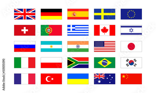 Set of popular country flags isolated on white background. Vector EPS 10