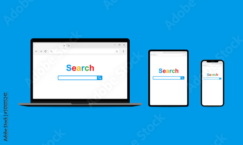 Search page on smartphone tablet laptop screens. Vector EPS 10