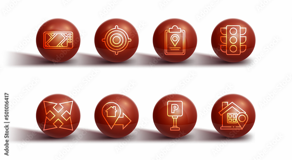 Set line Gps device with map, Road traffic sign, Traffic light, Parking, Location house, Target sport, and Folded location marker icon. Vector Set line Gps device with map, Road traffic sign, Traffic light, Parking, Location house, Target sport, and Folded location marker icon. Vector
