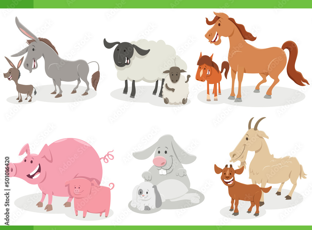 cartoon farm animal comic characters set with babies