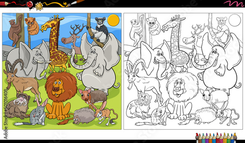 cartoon wild animal characters group coloring book page