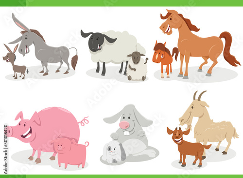 cartoon farm animal comic characters set with babies